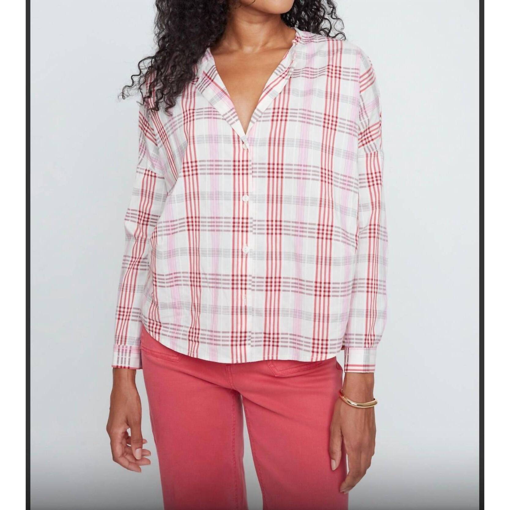 New Renuar Rosy Plaid Breeze Blouse In Scarlet
